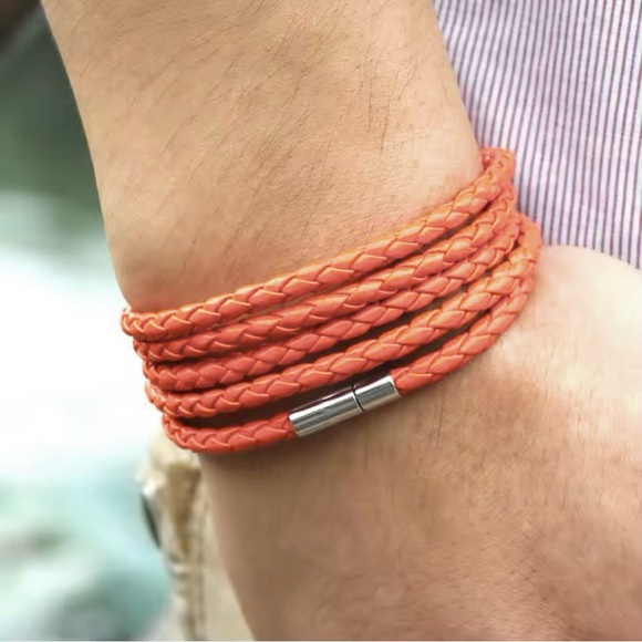 Orange Braided Leather Bracelet (ONE) - Picture 1 of 5